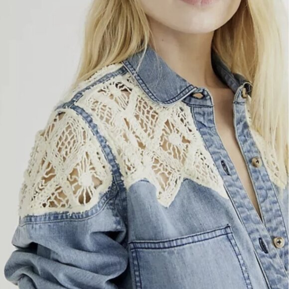 We The Free Denim Fields Top, Buttondown, Lace & Crochet, New, Small - Picture 3 of 7